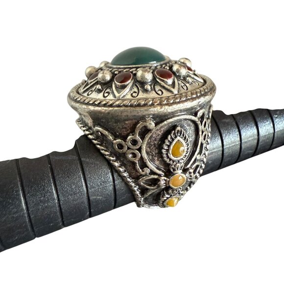 Lucky Brand Statement Ring Size 7 Silver Tone Faux Stones Intricate Design - Picture 7 of 13